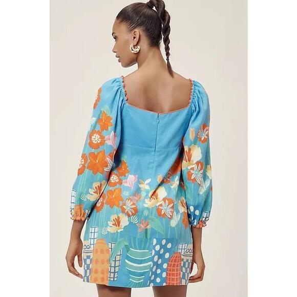 Farm Rio Linen Blend Floral Printed Mini Dress Long Sleeves Size L Spring Garden - Picture 2 of 3